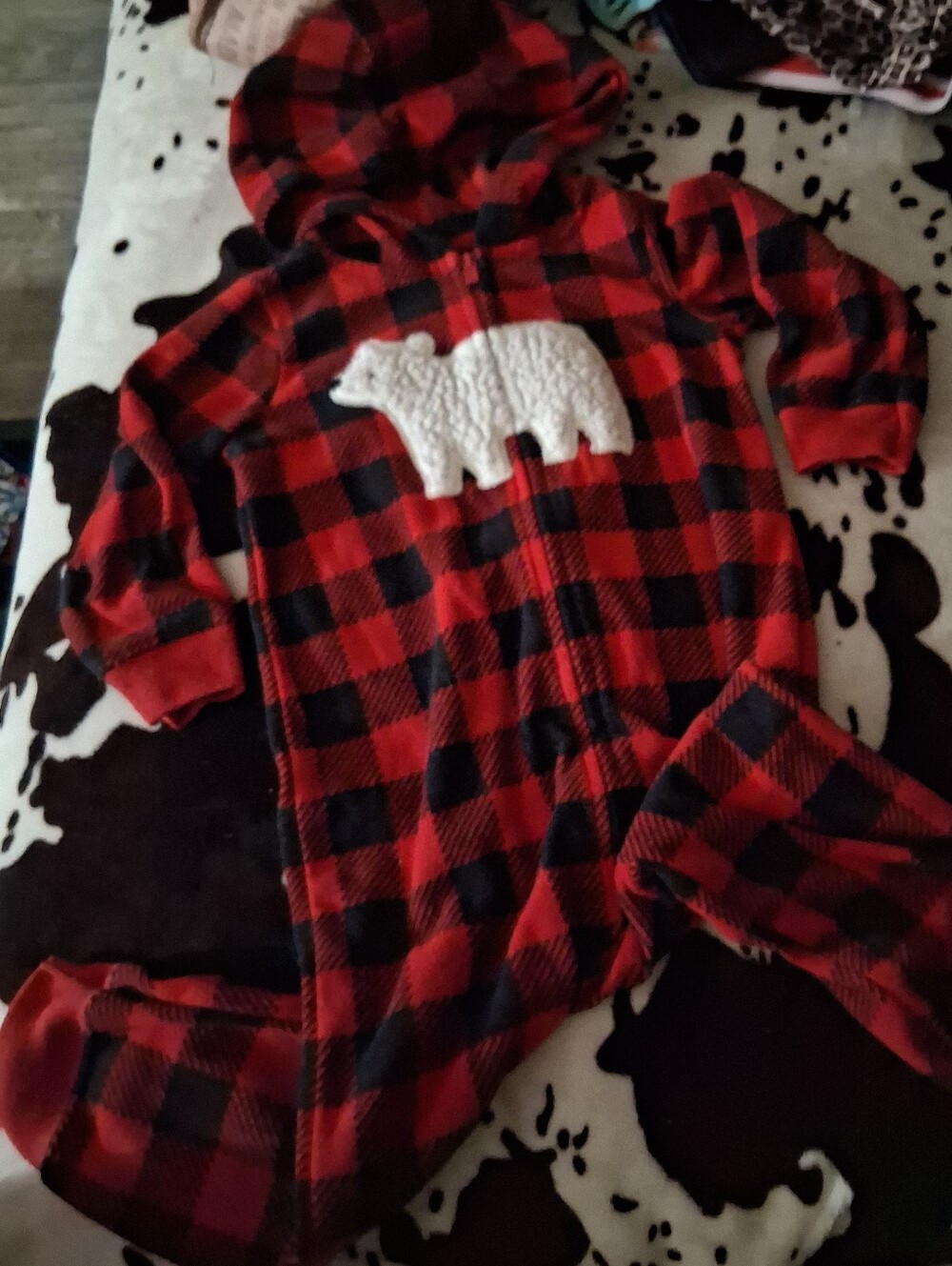 Kids Red & Black Buffalo Plaid Hooded Pajama One-Piece with Polar Bear